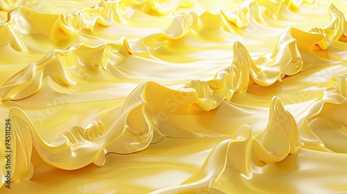 Waves made of butter, like ocean waves, three-dimensional side view, rendering, c4d, bleader, high-end background, cream color, soft yellow, freeze frame, cheese photo