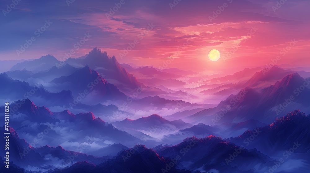 山と雲に隠れた夕日が沈む瞬間