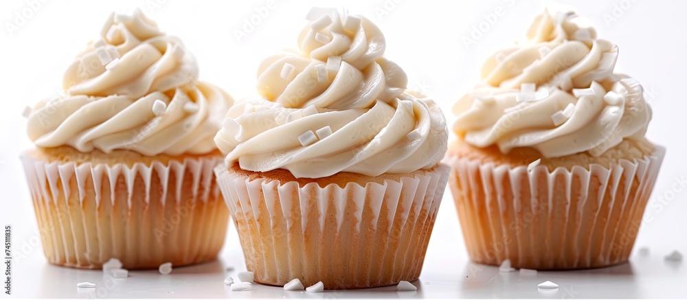 Three scrumptious cupcakes with white frosting elegantly displayed on a pristine white surface, creating a mouthwatering scene.
