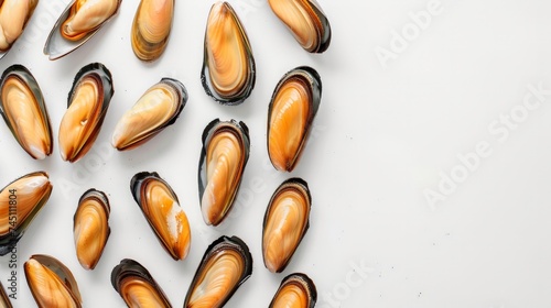 Top view of raw mussels isolated on white background