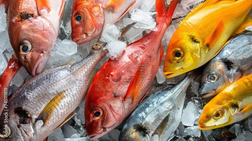 Top view of variety of fresh fish and seafood on ice photo