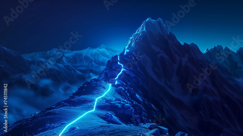blue neon light lead to top of mountain. Path to mountain top co