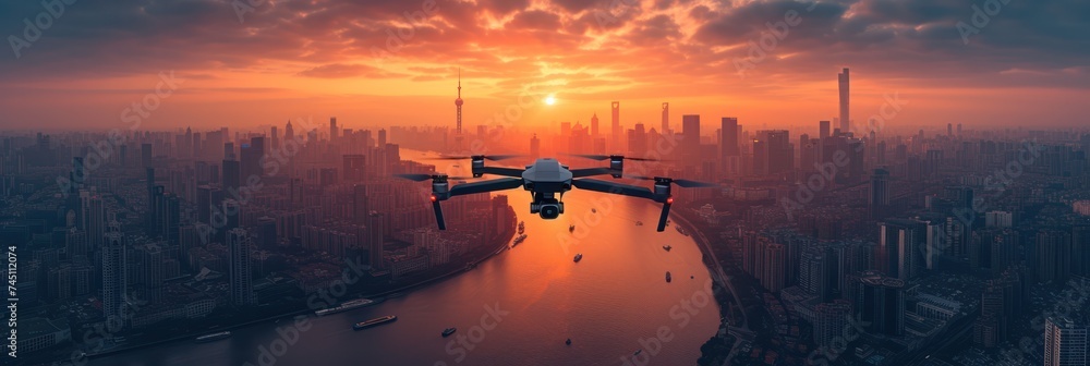 Drone Flying over the cityscape with beautiful sunset Drone Flying over the cityscape with beautiful sunset