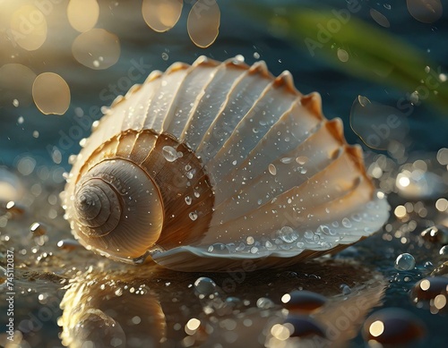 A shell with a lot of water droplets on the surface.