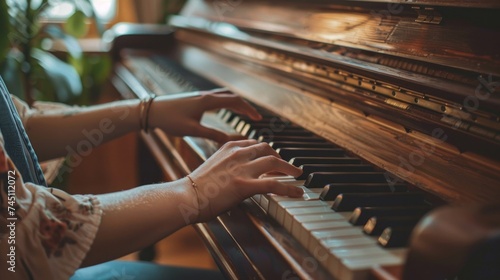 Female hands pressing the keys on an old wooden piano.