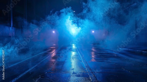 Dark empty scene, blue neon searchlight light, wet asphalt, smoke, night view, rays - generative ai © Nia™