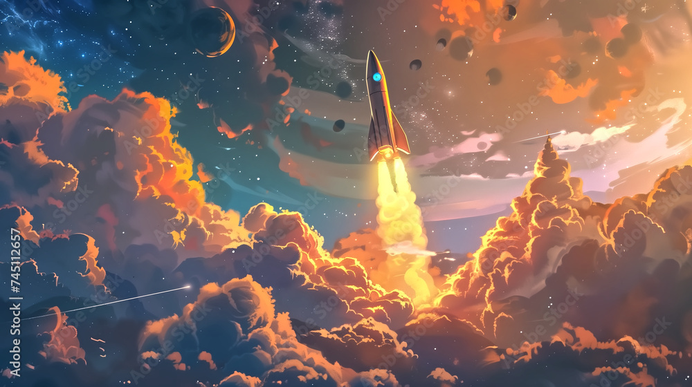 Cartoon space ship rocket taking off - obrazy, fototapety, plakaty 