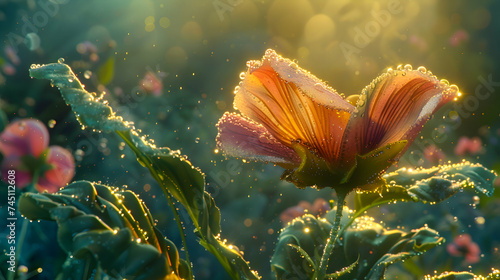 Delicate dew-kissed petals of a wild flower gleaming in the morning light amidst a sea of vibrant greenery