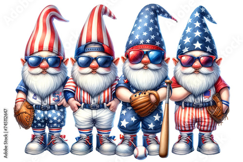 Baseball Gnomes Team in American Flag Baseball Outfit, Sport Day, Game Day Gnomes Group Clipart, 4th of July Sport Activities