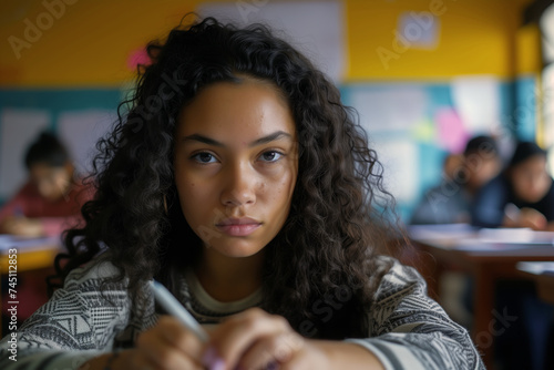 Focused young female Hispanic teenager student with curly hair writing in a classroom, peers in the background. © Sascha