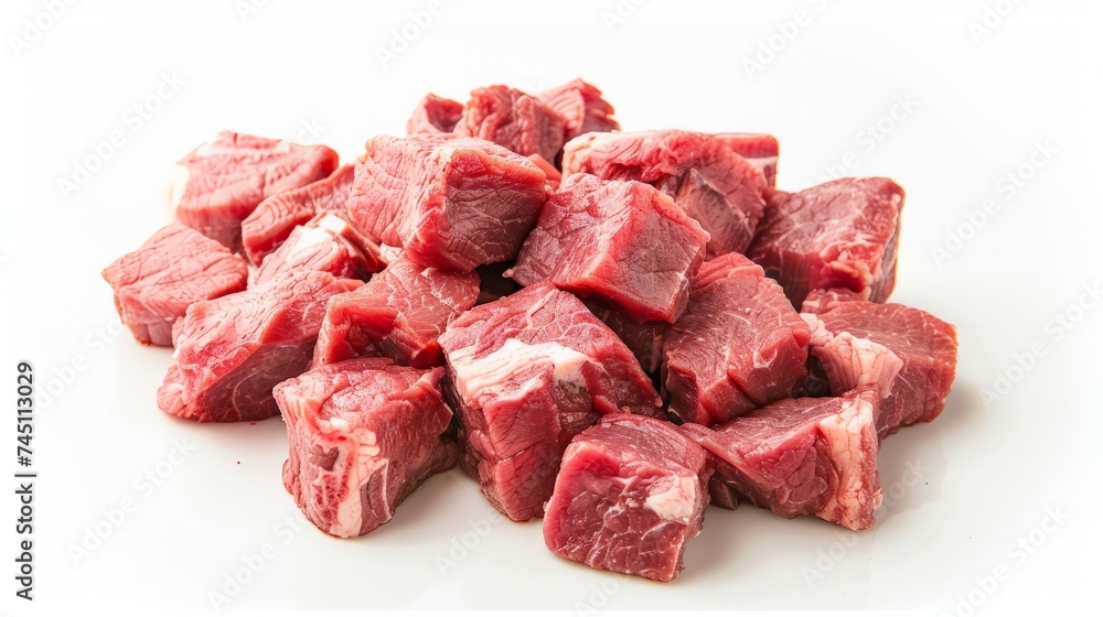 diced raw beef meat on white background diced raw beef meat on white background