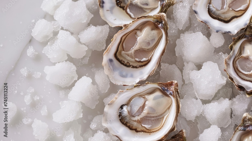 dozen fresh oysters on a sea salt top view dozen fresh oysters on a sea salt top view