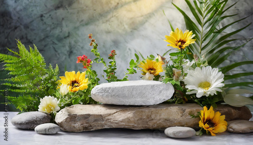 Tranquility in Bloom: Zen Stones and Floral Display for Podium Background