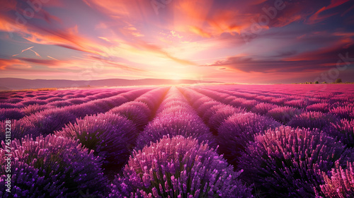 Lavender field at sunset rows of purple flowers