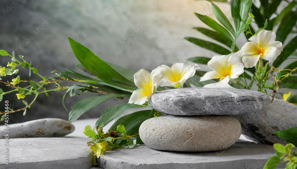 Natural Tranquility: Zen Stones and Floral Arrangement for Podium Background