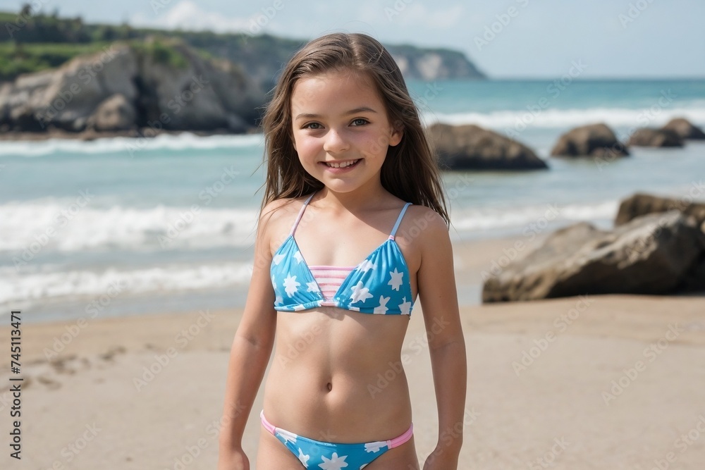 Happy little girl at the summer beach, smiling and looking at the camera with copy space. Summer Holiday and Vacation Concept. Happy little girl at the summer beach, smiling and looking at the camera with copy space. Summer Holiday and Vacation Concept.