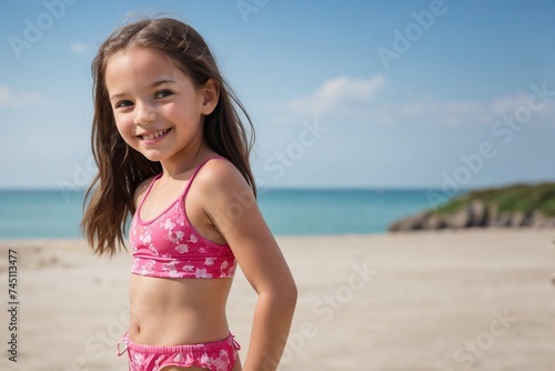 Happy little girl at the summer beach, smiling and looking at the camera with copy space. Summer Holiday and Vacation Concept. © PNG&Background Image