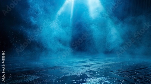 Dark empty scene  blue neon searchlight light  wet asphalt  smoke  night view  rays - generative ai