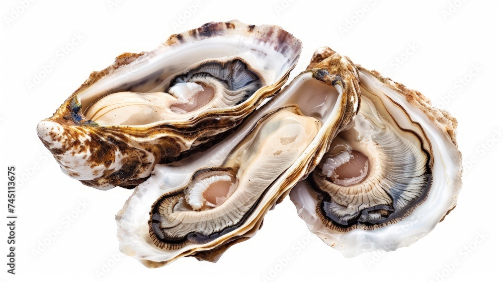 Fresh opened oyster half isolated on white background. Raw french oysters mollusc, shellfish or mussels collection top view Fresh opened oyster half isolated on white background. Raw french oysters mollusc, shellfish or mussels collection top view