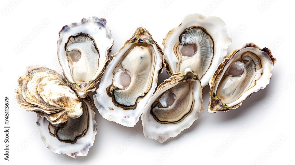 Fresh opened oyster half isolated on white background. Raw french oysters mollusc, shellfish or mussels collection top view Fresh opened oyster half isolated on white background. Raw french oysters mollusc, shellfish or mussels collection top view
