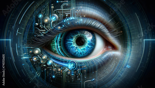 A highly detailed image blending human anatomy with technology, depicting a human eye surrounded by intricate electronic circuits and glowing blue digital elements.Technology background.AI generated. #745113605