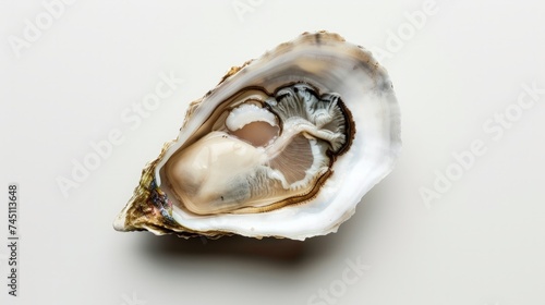 Fresh opened oyster half isolated on white background. Raw french oysters mollusc, shellfish or mussels collection top view