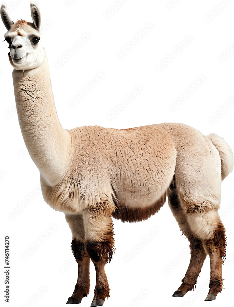 Obraz premium Alpaca standing isolated on transparent background. Generative AI.