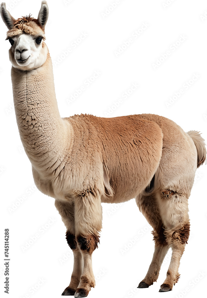 Obraz premium Alpaca standing isolated on transparent background. Generative AI.