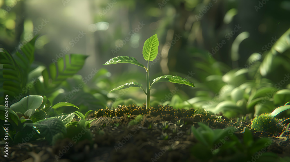In the quiet of the soil, a young seedling reaches for the light, surrounded by a serene nature backdrop, with room for Earth Day affirmations or custom designs - obrazy, fototapety, plakaty 