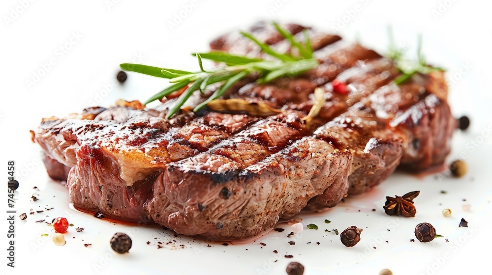 grilled beef steak and spices isolated on white background grilled beef steak and spices isolated on white background