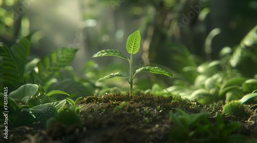 In the quiet of the soil, a young seedling reaches for the light, surrounded by a serene nature backdrop, with room for Earth Day affirmations or custom designs photo