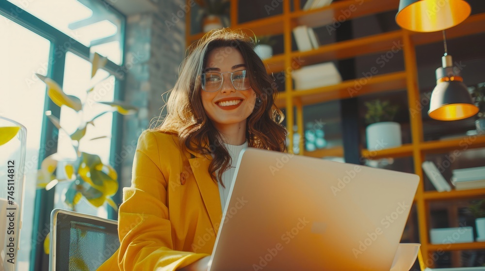 Image of young cheery happy positive cute beautiful business woman sit indoors in office using laptop computer. Image of young cheery happy positive cute beautiful business woman sit indoors in office using laptop computer.