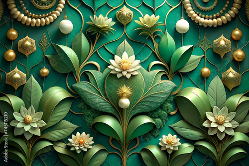 Emerald green color 3d Wall mural illustration background with leaf and flower photo