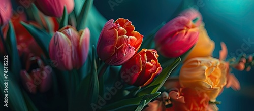 A vase filled to the brim with a lively assortment of bright and colorful flowers, including tulips, daisies, and roses. The vibrant blooms create a striking visual display, adding a pop of color to