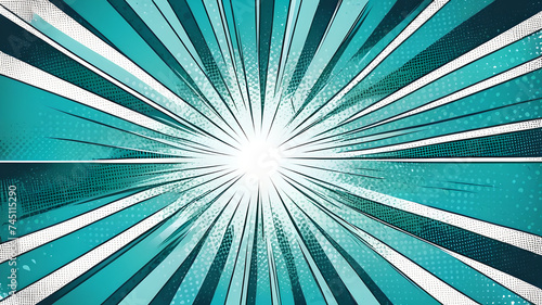 Abstract blue striped retro comic background with halftone corners. Cartoon turquoise background with stripes and half tone pattern for comics book, advertising design, poster, print.