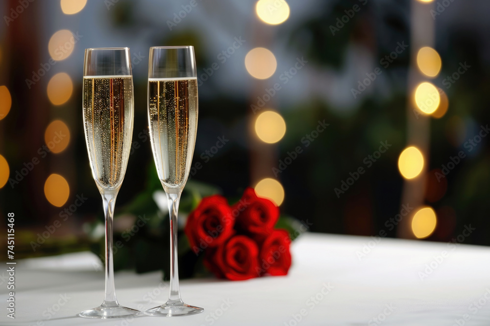 Two champagne glasses and a bouquet of red roses on white table with bokeh light background. High quality photo
