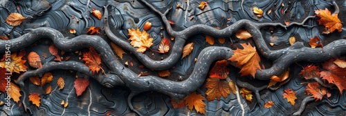 Intricate Tree Root Pattern with Fallen Leaves Generative AI