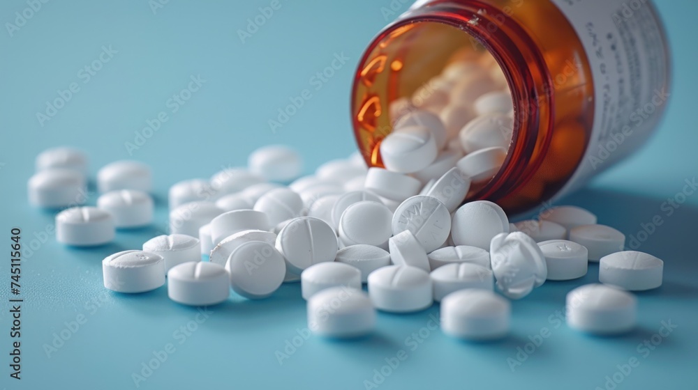Pills Spilling Out of Bottle on Blue Surface Pills Spilling Out of Bottle on Blue Surface