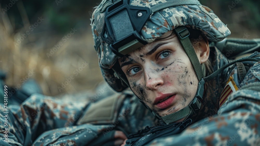 Obraz premium Woman in Camouflage A military medic administering emergency medical