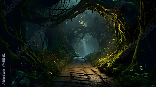 Moss-covered boughs gracefully curve to create an enchanting passage, inviting wanderers into the depths of an ancient forest beneath a golden canopy