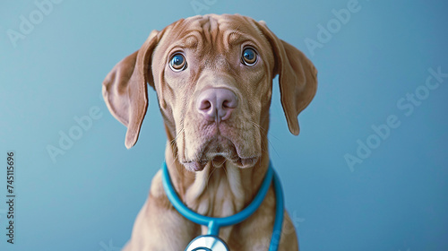 Portrait of a Vizsla breed dog with a stethoscope on a blue background. Veterinary concept