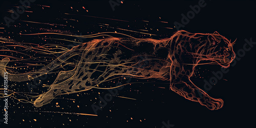 Simple line Illustration panther On Fire Flying In The Universe black color grunge texture black and white modern background, poster.	
