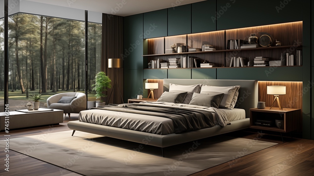 An inviting bedroom with pale cyan bedding and enigmatic charcoal accent wall An inviting bedroom with pale cyan bedding and enigmatic charcoal accent wall