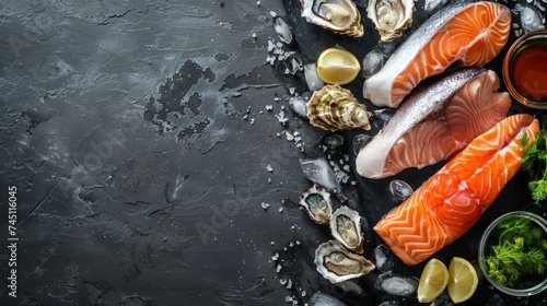 Seafood: Dorado, salmon, crab, grouper, oysters. On a black stone background. Top view. Free space for your text. photo