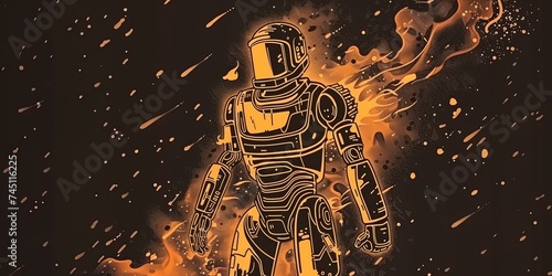 Simple line Illustration robot on Fire Flying In The Universe black color grunge texture, futuristic black and white line art background.