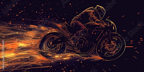 Simple line Illustration motorbike On Fire Flying In The Universe black color grunge texture futuristic black and white line art background.