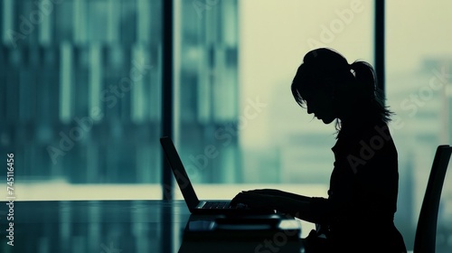 Silhouette of a woman intelligent managing director is keyboarding on laptop computer, while is sitting in modern office interior. photo