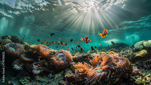  a vibrant coral reef teeming with colorful life