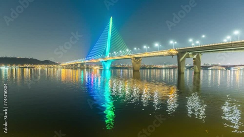 Wolrd Cup Bridge across  Night lights at Hangnag River in Seoul, Korea.