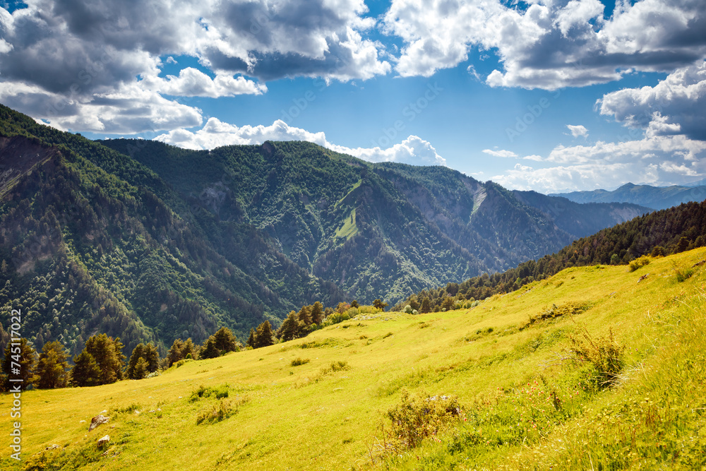 A breathtaking view of the alpine valley of the Main Caucasus Range. Samegrelo-Zemo Svaneti, Georgia.